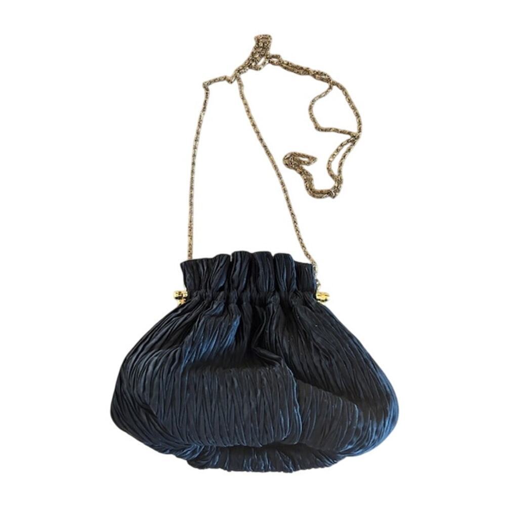 Vanessa Paris-New York-London Black Pleated Satin Evening Bag with Chain Strap